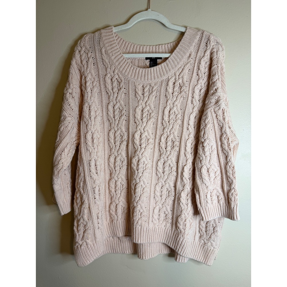 HM Womens Pink Cable Knit Sweater Scoop Neck 3/4 Sleeve Cotton Blend Large